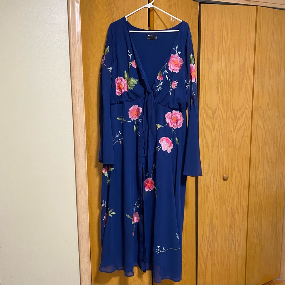 ASOS Navy Blue Midi Dress with Pink Floral Print